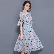 【NUMI】型-雪紡花卉V領洋裝-藍色-51141(M-2XL可選)M藍色