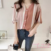 【Lockers 木櫃】韓風V領亞麻拚色條紋上衣(3色)粉色