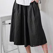 【Lockers 木櫃】復古文藝純色鬆緊腰棉麻七分闊腿褲-3色黑色