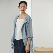 旅途原品_慢下來_原創設計亞麻拼布七分袖開衫 M/L/XL　L淺藍色