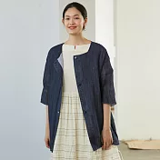 旅途原品_慢下來_原創設計亞麻拼布七分袖開衫 M/L/XL　M藏藍色