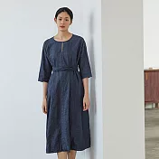 旅途原品_夏季庭院_原創設計苧麻棉重工繡花連衣裙 M/L/XL　M藏藍色