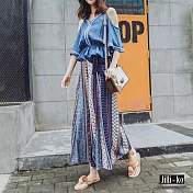 【Jilli~ko】雪紡印花繫帶闊腿褲 J6934　FREE藍色