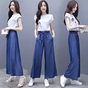 【NUMI】型-時尚百搭兩件式套裝-白衣+藍褲-92174-(M-2XL可選)L白衣+藍褲