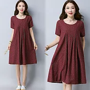 【NUMI】森-碎花拼接寬鬆短袖連衣裙-共3色-51211(M-2XL可選)M酒紅色