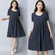 【NUMI】森-碎花拼接寬鬆短袖連衣裙-共3色-51211(M-2XL可選)XL藏青色