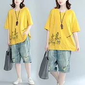 【NUMI】田園-仙人掌印花寬鬆短袖上衣-黃色-51058(F可選)F黃色