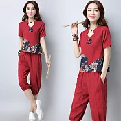 【NUMI】森-復古民族風印花拼接套裝-紅色-51025(M-2XL可選)M紅色