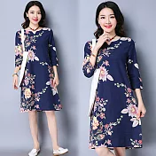 【NUMI】森-時尚印花下擺拼接圓領連衣裙-共2色-50738(M-2XL可選)L藏青色