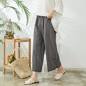【慢。生活】盤扣開衩刺繡棉麻寬褲 9982　FREE灰色