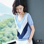【Jilli~ko】V領配色冰絲針織衫 J6958　FREE藍色