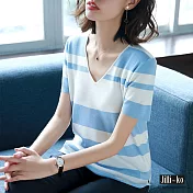 【Jilli~ko】V領條紋冰絲針織衫 J6949　FREE藍色