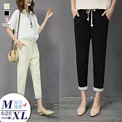 【A.cheter】夏日冰涼彈性鬆緊腰反折條紋棉質八分褲#104700L黑