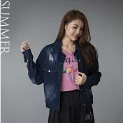 【2F韓衣】老鼠印花寬版牛仔外套-M藍