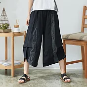 【慢。生活】設計款拼接寬管長褲 2021　FREE黑色