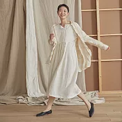 旅途原品_風吹麥浪_原創設計亞麻手工扣剪領連衣裙 M/L/XL　M白色