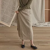 旅途原品_植記_原創設計亞麻兩片式直筒修身半裙 M/L/XL　M卡其
