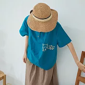 【慢。生活】卡通刺繡寬版繭型上衣 8013-9 FREE藍色