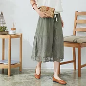 【慢。生活】 蕾絲下襬刺繡中長棉裙 1882 FREE綠色