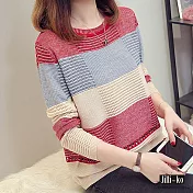 【Jilli~ko】薄款拼色鏤空針織衫 J7035　FREE紅色