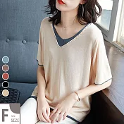 【MsMore】法國第五大道雙色拚織冰絲針織七分袖上衣#104839F米白