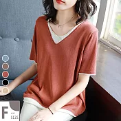 【MsMore】法國第五大道雙色拚織冰絲針織七分袖上衣#104839F磚紅