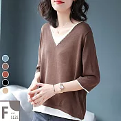 【MsMore】法國第五大道雙色拚織冰絲針織七分袖上衣#104839F咖