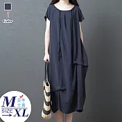 【A.Cheter】芬蘭冰川湖悠遊藝術暗格清爽棉麻短袖洋裝#104852M藏青