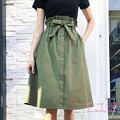 【Lockers 木櫃】花苞鬆緊腰綁袋裝飾單排釦半身A字裙-4色軍綠