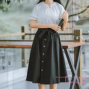 【Lockers 木櫃】花苞鬆緊腰綁袋裝飾單排釦半身A字裙-4色純黑