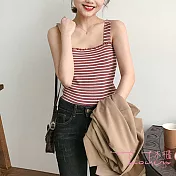 【Lockers 木櫃】小香風條紋木耳邊百搭修身針織吊帶背心-4色紅