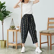 【慢。生活】棉麻感格紋蘿蔔褲 901 FREE黑色