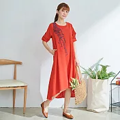 【慢。生活】樹枝圖騰棉麻連身裙 604 FREE橘色