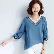 【初色】鏤空鉤花V領長袖T恤-藍色-93946(M-2XL可選)M藍色