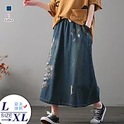 【A.Cheter】韓國氣質文青藝術葉子刺繡鬆緊腰A字牛仔裙#104950L藍