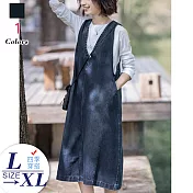 【A.Cheter】荷蘭復古松果藍酵素水洗大V領牛仔背心洋裝#104967L藍