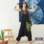 【潘克拉】彩色繡線駱駝吊帶飛鼠褲 TM633 FREE黑色