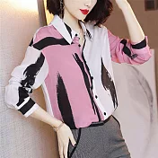 【初色】水墨風印花拼接襯衫-粉色-93982(M-2XL可選)M粉色