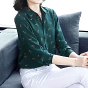 【初色】桑蠶絲碎花襯衫-共2色-93985(L-2XL可選)L墨綠色