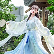 雲錦漢元素原創魏晉風傳統漢服女裝繡花大袖衫對襟齊腰襦裙演出服 M/L【吊帶+齊腰襦裙+長大袖衫】M淺藍