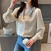 【初色】時尚波浪邊氣質雪紡衫-杏色-93977(M-2XL可選)M杏色