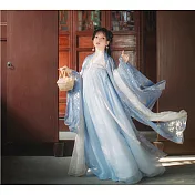 【芸綉坊】漢服雲夢澤月原創燙金大袖衫兩片式齊胸襦裙改良古裝漢服 M/L【大袖衫+上衣+齊胸裙+六米擺渡】　M藍色