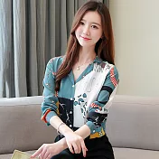 【初色】設計感V領印花襯衫-藍綠色-94005(M-2XL可選)M藍綠色