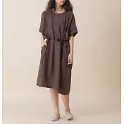 【e.life 質感衣著】沉睡森林｜棉麻綁帶素色短袖洋裝 120013119L咖