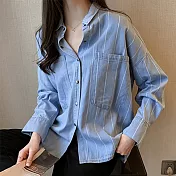 【初色】不對稱拼接牛仔襯衫-共2色-94013(M-2XL可選)M淺藍