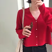【那木】輕薄小V長袖短版針織衫(3色)   FREE紅色