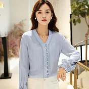 【初色】寬鬆花邊雪紡V領袖上衣-淺藍色-93958(M-2XL可選)M淺藍色