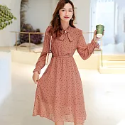 【初色】高腰系帶波點長袖雪紡連衣裙-豆沙紅-93959(M-XL可選)M豆沙紅