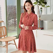 【初色】高腰系帶波點長袖雪紡連衣裙-豆沙紅-93959(M-XL可選)M磚紅色