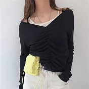 【那木】彈力V領皺摺顯瘦上衣 F黑色